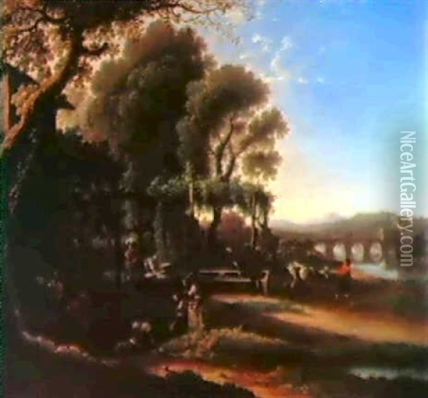 Paesaggio Romano Con Personaggi In Conversazione, Lavandaie, Villici Oil Painting -  Angeluccio