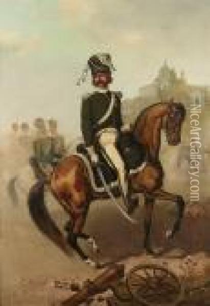 Polish Cavalry Officer On Horseback Oil Painting - Seweryn Bieszczad