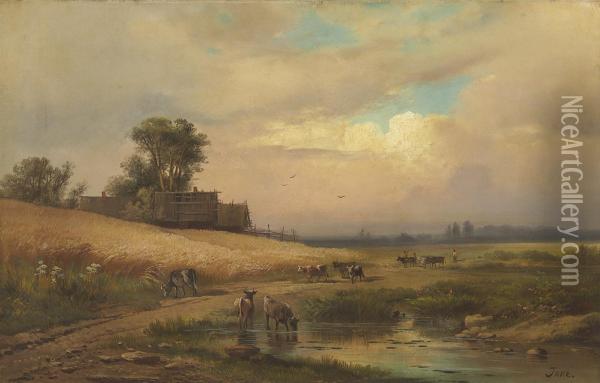 Cattle Watering In A Summer Landscape Oil Painting - Alexander Vasiliev. Gine