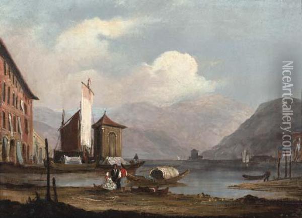 Figures On The Bank Of An Italianate Lake Oil Painting - James Holland