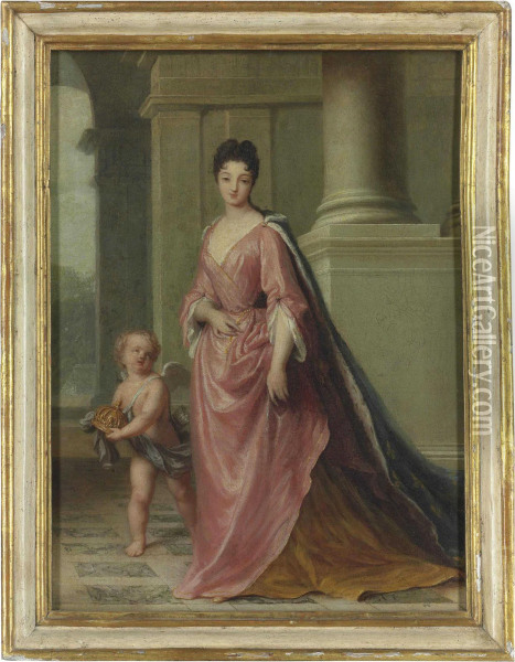 Portrait Of Marie Adelaide, Princesse De Savoie, Duchesse De Bourgogne, Subsequently Dauphine De France And Mother Of The Future King Louis Xv, Full-length, On A Terrace, With A Cupid At Her Side Carrying A Crown Oil Painting - Jean-Baptiste Santerre