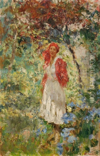 Dame Mit Rotem Kopftuch Unter Baum Oil Painting - Leonardo Bazzaro