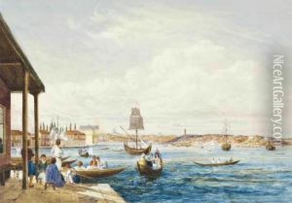Shipping In The Bosphorus With Constantinople Beyond Oil Painting - William Purser