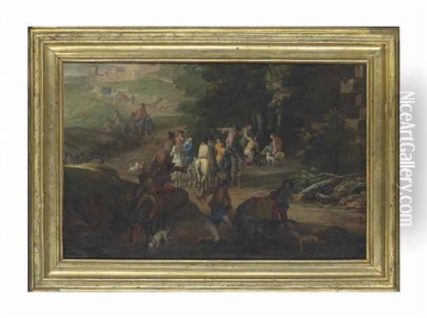 Muleteers Attending To A Fallen Packhorse On A Path, A Hunting Party Beyond - A Fragment Oil Painting - Luca Carlevarijs