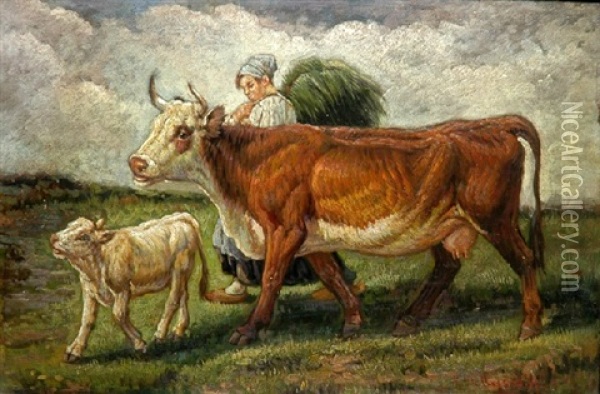 Contadina De ..... (the Young Farmer) Oil Painting - Tito Pellicciotti
