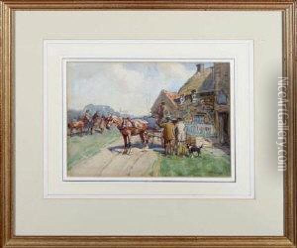 A Horse And Trap Outside The Horse Shoe Inn Oil Painting - John Atkinson