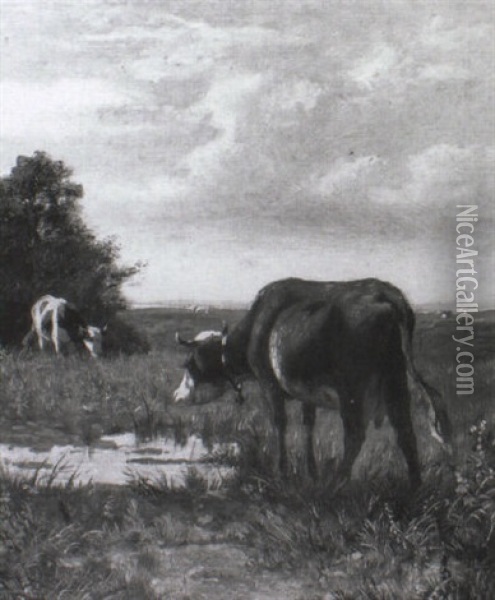 Cattle Grazing With An Extensive Landscape Beyond Oil Painting - William Frederick Hulk