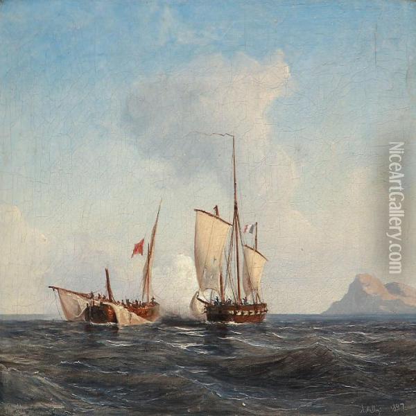Two Sailing Ships Fighting Against Each Other Oil Painting - Anton Melbye