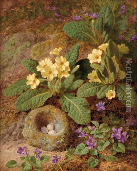 Primula And Violets On A Mossy Bank With Bird's Nest Oil Painting - Thomas Worsey