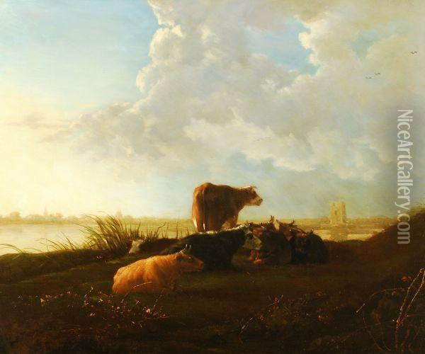Cattle On A River Bank Oil Painting - Aelbert Cuyp