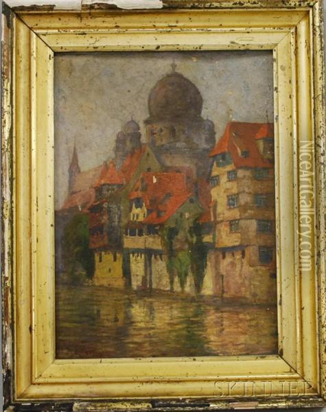 Houses On The 
Pegnitz River With A View Of Asynagogue Oil Painting - Wilhelm Reuter