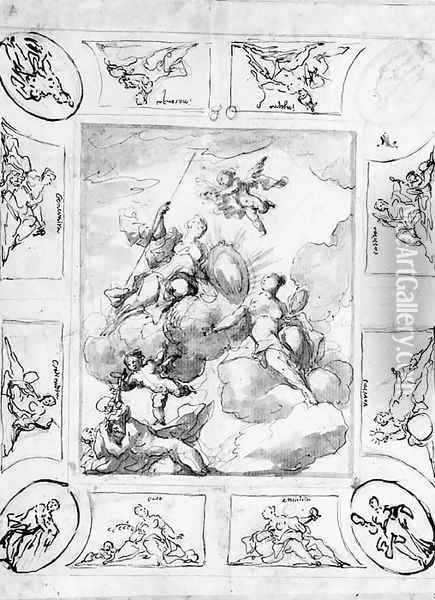 An Allegorical Ceiling Design Minerva And Other Figures Holding A Portrait Cartouche Surrounded By Twelve Compartments Oil Painting - Johann Michael Rottmayr
