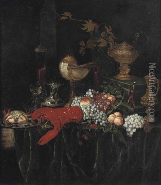 A Lobster, A Crab On An Enamelled Plate, Peaches, Grapes, Glasses Of Wine And Guilded Vessels On A Draped Table Oil Painting - Abraham van Beyeren