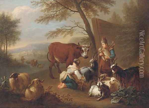 An Italianate landscape with a shepherdess milking a goat, a man playing a doodlesack and a drover fording a river beyond Oil Painting - Christian Wilhelm Ernst Dietrich