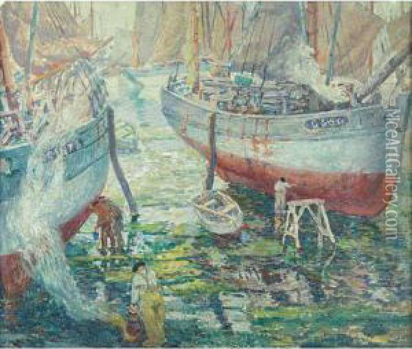 In The Harbour, Painting Boats Oil Painting - Sigurd Skou