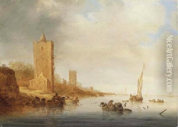 A River Landscape With Fishermen Laying Out Nets And Pots, A Watchtower And Other Buildings On The Bank Beyond Oil Painting - Salomon van Ruysdael
