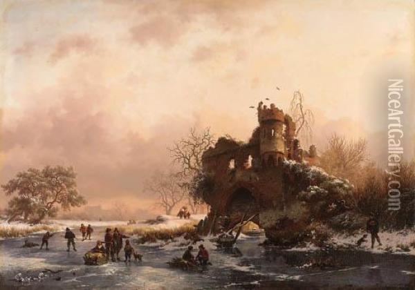 Winter Landscape With Skaters Near A Dilapidated Castle Oil Painting - Frederik Marianus Kruseman
