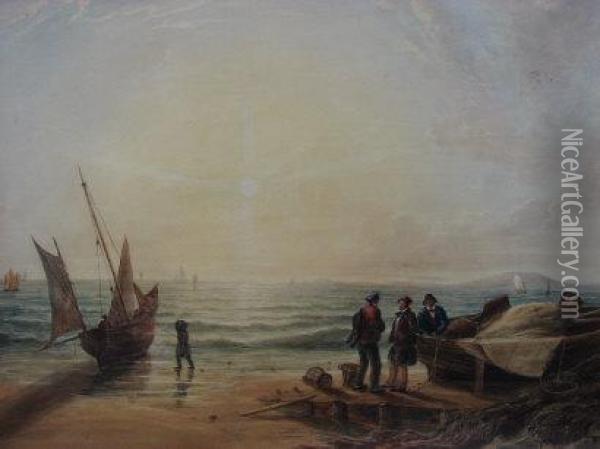 Fishermen With Boats And Nets On Coastline Beach Oil Painting - William Ford