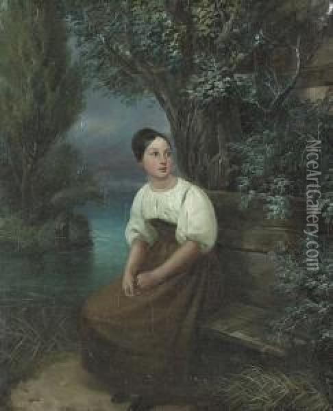 Portrat Einer Jungen Frau An Einem See. Oil Painting - Joseph Simon Volmar