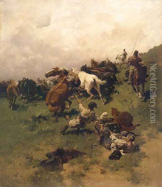 Chwytanie konia na arkan Oil Painting - Josef von Brandt