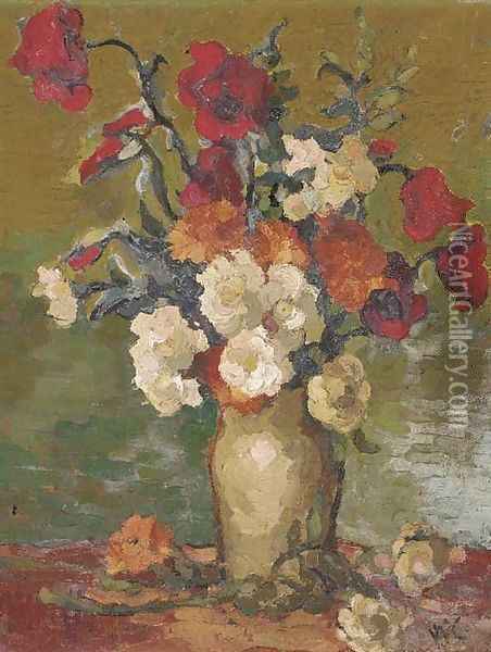 Mixed flowers in a vase Oil Painting - English School