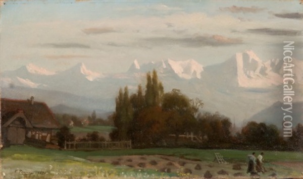 Frauen Bei Der Feldarbeit Mit Blick Auf Den Mont Blanc Oil Painting - Emmanuel Benner