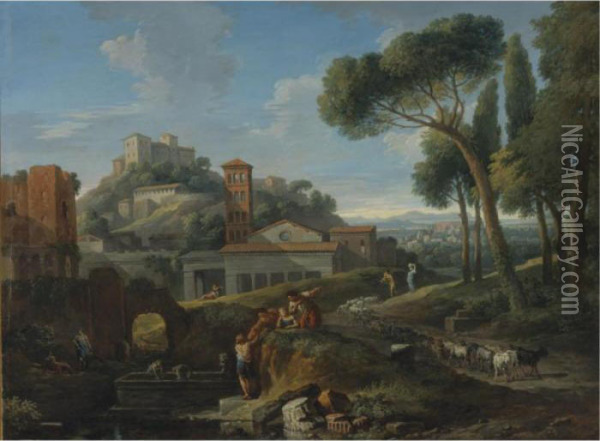 Landscape With The Arch Of Janus And San Giorgio Al Velabro Oil Painting - Jan Frans Van Bloemen (Orizzonte)