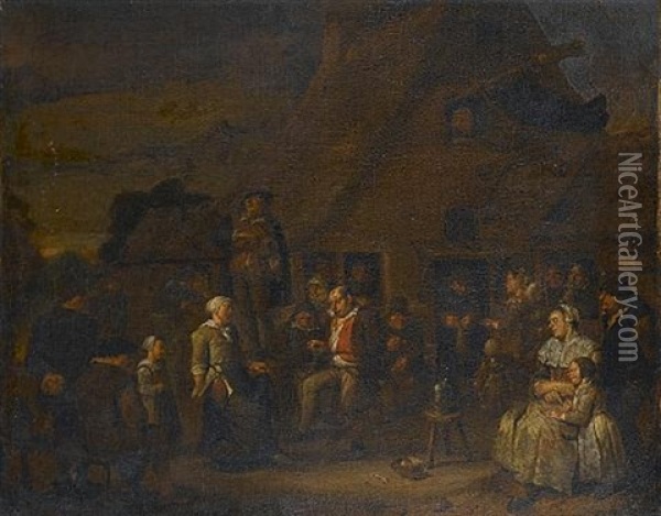 Peasants Making Music And Dancing Outside A Village Tavern Oil Painting - Egbert van Heemskerck the Elder