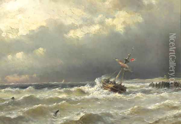 A sailing vessel caught in a storm off the coast Oil Painting - Lodewijk Johannes Kleyn