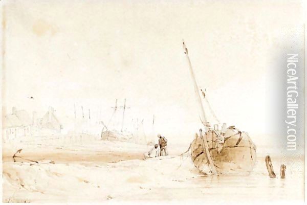 A Fishing Boat Beached At Low Tide Oil Painting - Richard Parkes Bonington
