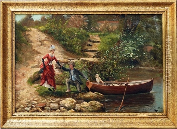 Uferpartie Mit Eleganter, In Ein Ruderboot Mit Wartendem Hundchen Einsteigender Dame Oil Painting - Franck Jean Baptiste Louis Cinot