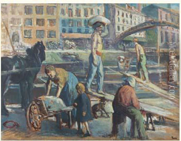 Chantier Au Canal Saint-martin, Circa 1910-1915 Oil Painting - Maximilien Luce