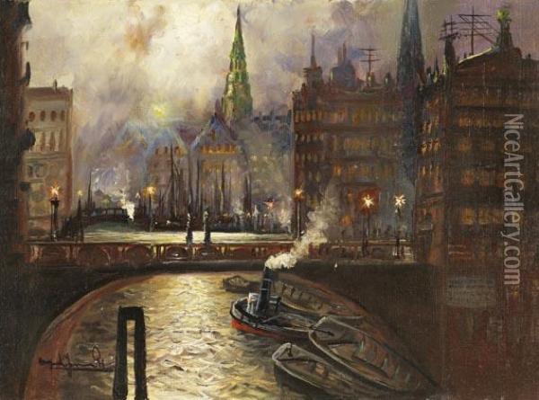 Die Trostbrucke In Hamburg (nachtbild) Oil Painting - Alfred Jensen