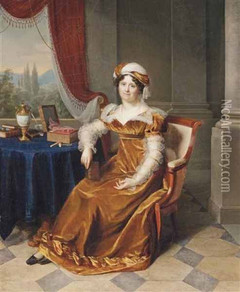 Portrait Of A Lady, Traditionally Identified As Julie Masbou, Nee Garrigues, Full-length, In A Golden Dress With A Turban, In An Elegant Interior, A Landscape Beyond Oil Painting - Firmin Massot