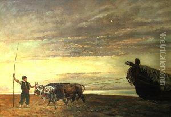 Fisherman With Oxen And A Beached Vessel Oil Painting - Baldomero Galofre Y Gimenez