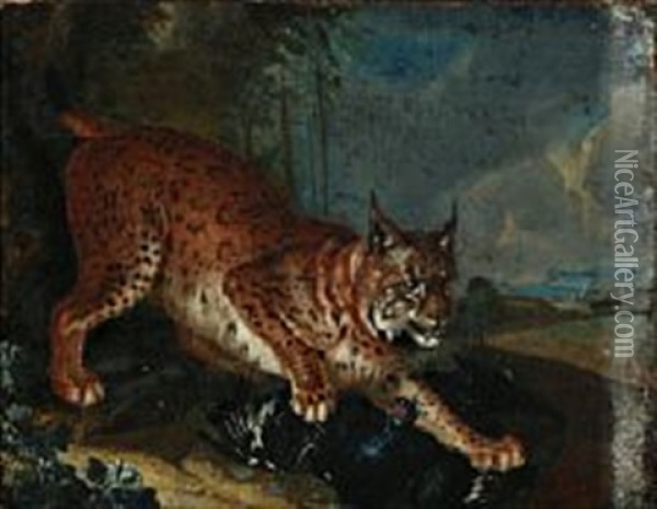 A Lynx Is Hunting A Black Grouse Oil Painting - Johann Georg de Hamilton