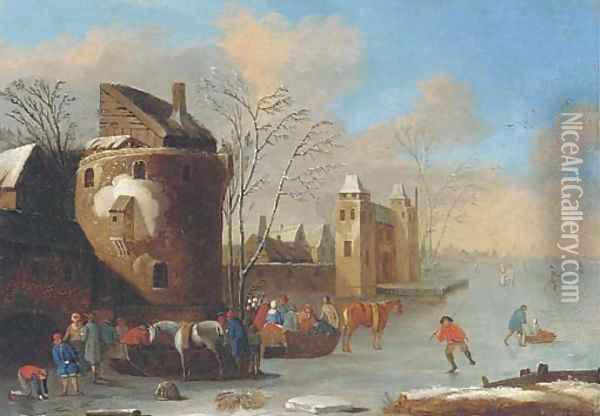A winter landscape with figures on a frozen lake, a walled town beyond Oil Painting - Thomas Heeremans