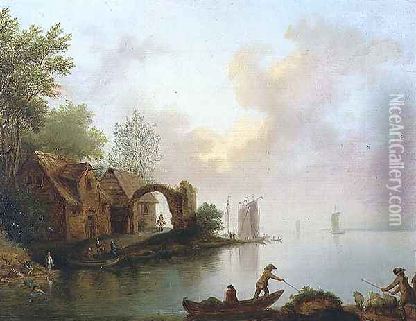 Wooded River Landscape with Boatmen Oil Painting - Johann Heinrich Wust
