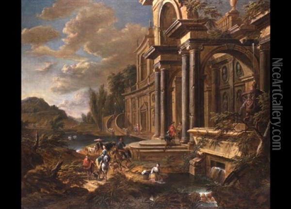 Renaissancepalast An Einem Fluss Mit Zahlreicher Figurenstaffage Oil Painting - Jan Baptist Van Der Straeten