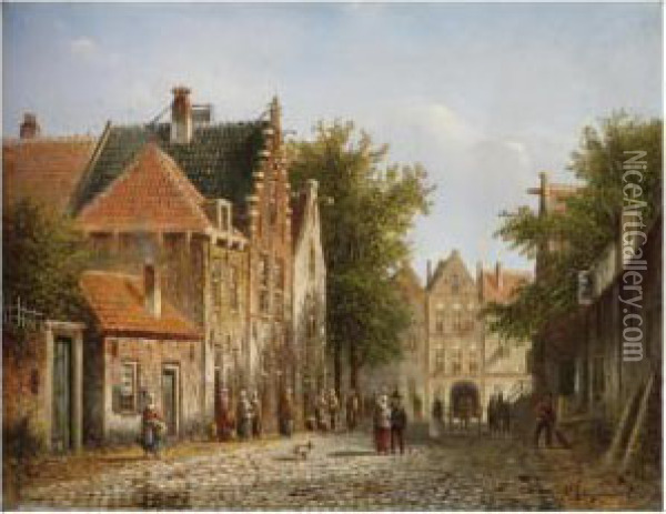 A Busy Dutch Street Oil Painting - Johannes Franciscus Spohler