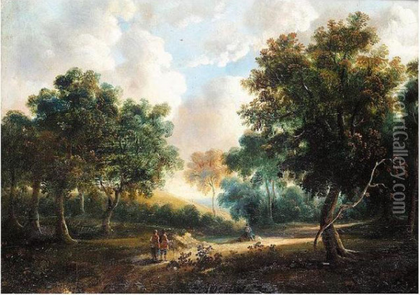 Figures In A Wooded Landscape Oil Painting - James Arthur O'Connor