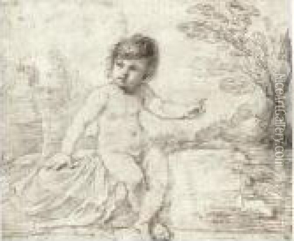 A Child Seated In A Landscape, Pointing To His Left Oil Painting - Guercino