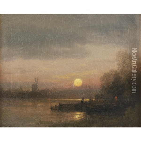 Sunset On A Holland Canal Oil Painting - Hermann Herzog
