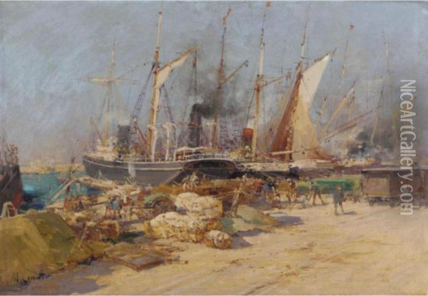 Port De Marseilles Oil Painting - Eugene Galien-Laloue