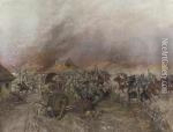 An Austrian Uhlan Regiment Attacking And Dispersing Murderous And Looting Russians Oil Painting - Leonard Winterowski