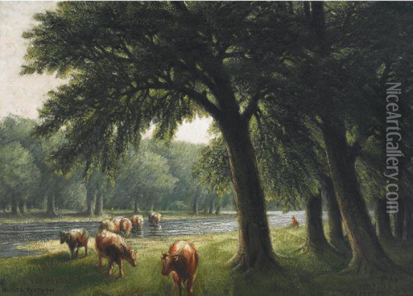 Cattle By A River Oil Painting - Homer Ransford Watson