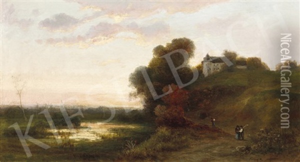 River Side Vith Castle Oil Painting - Karoly Telepy