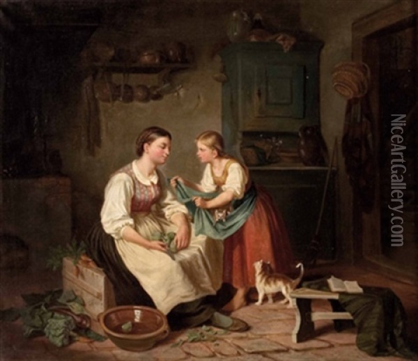 Bauernmadchen Mit Katzchen In Der Kuche Oil Painting - August Heinrich Niedmann