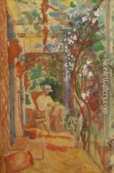 A Woman Seated On A Veranda In Summer Oil Painting - Mainie Harriet Jellett