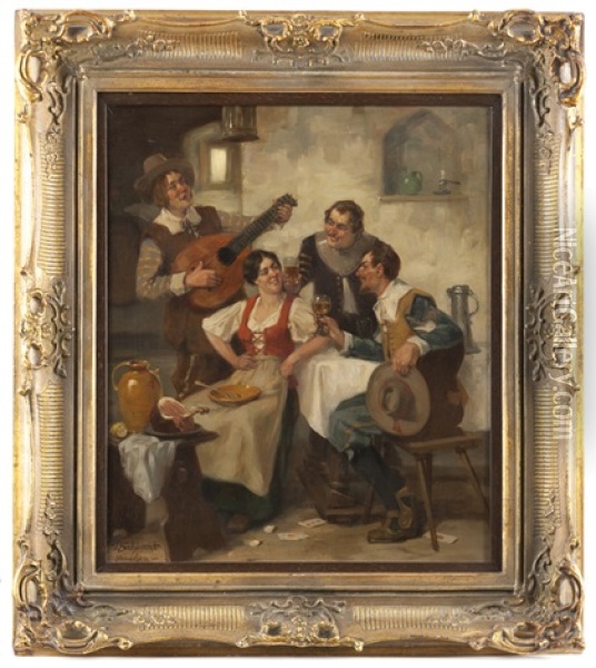 Men Flirting With A Woman In A Tavern Oil Painting - Victor Schivert
